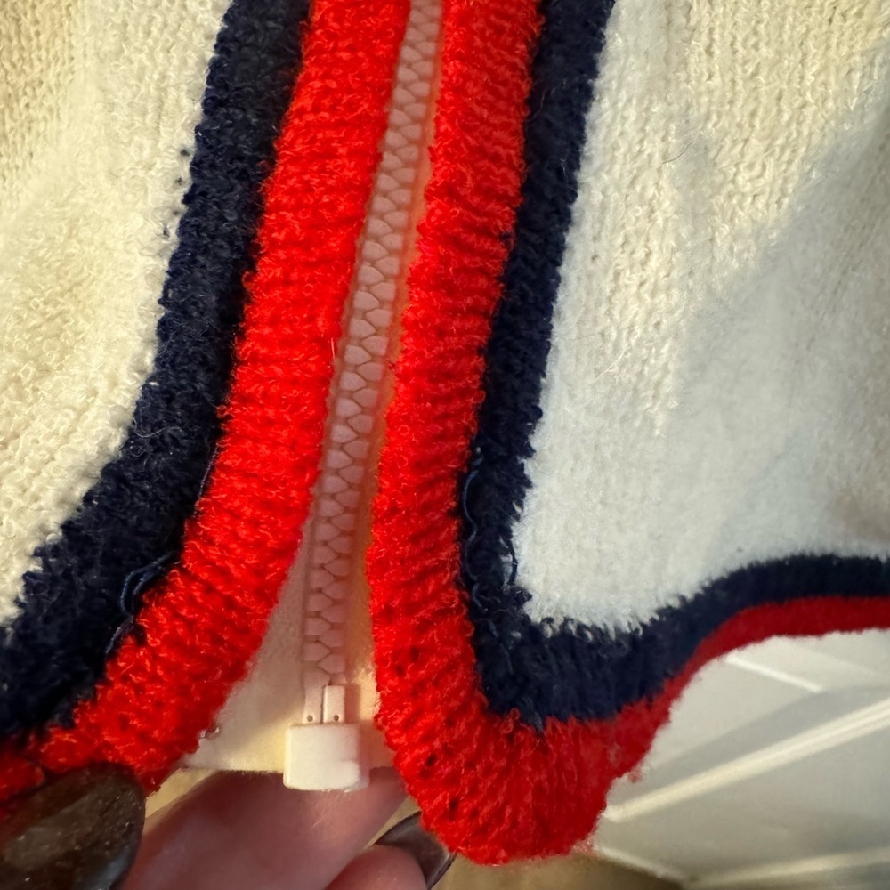 60s Tennis Trophy Preppy Vintage Cream Zip Up Cardigan Red & Blue Sportswear - Picture 7 of 13
